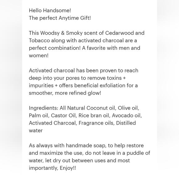 Cedarwood and Charcoal Handmade Soap: Hello Handsome 4.5oz bar - Picture 8 of 8